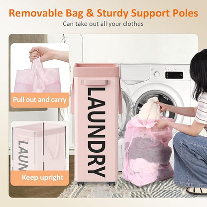 Optish Pink Laundry Basket with Wheels, Dorm Room Essentials for Girls, 90L Rolling Laundry Hamper with Wheels and Removable Mesh Bag for Clothes, Bedroom, Bathroom, College