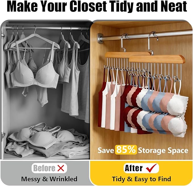 Bra Hangers 3 Pack - with 16 Non-Slip 360Rotating Metal Hooks for Tie, Hat, Bra, Wooden Multi Hook Hanger - Saves Space