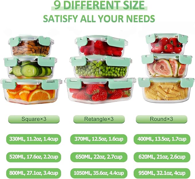 HOMBERKING Glass Food Storage Containers with Lids, [18 Piece] Glass Meal Prep Containers, Airtight Lunch Bento Boxes, BPA-Free & Leak Proof (9 lids & 9 Containers) - Blue