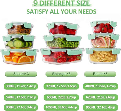 HOMBERKING Glass Food Storage Containers with Lids, [18 Piece] Glass Meal Prep Containers, Airtight Lunch Bento Boxes, BPA-Free & Leak Proof (9 lids & 9 Containers) - Blue