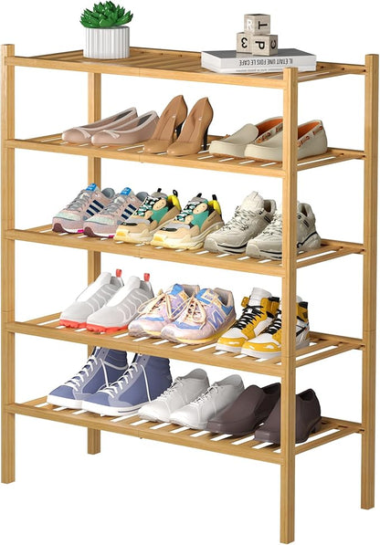 ROMGUAR CRAFT 5 Tier Bamboo Shoe Rack for Closet Free Standing Wood Shoe Shelf for Entryway Small Space Stackable 27"x11"x33" (Natural)
