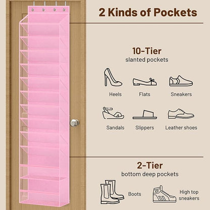 MISSLO 12 Tier Over the Door Shoe Organizer Breathable Mesh Hanging Shoe Rack for Closet Storage Shoe Holder for Door Fit 24 Pairs Sandals, Heels, Boots (Pink)