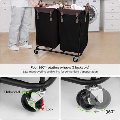 StorageWorks 280L Large Laundry Hamper with Wheels, Laundry Basket with Wheels 2 Sections, Clothes Sorter Cart with Divider for Hotel, Home, Black, 1-Pack