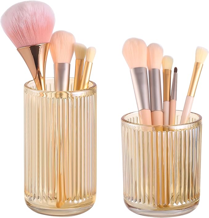 DASITON Makeup Brush Holder Organizer, Crystal Glass Makeup Brushes Storage Holder, Vintage Make Up Brush Cup for Vanity, Pen Pencil Holder for Desk, Toothbrush Holders for Bathroom (Coffee SL)
