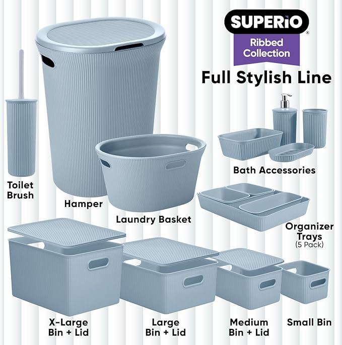 Decorative Plastic Basket Lidded Home Storage Bins Organizer Baskets, Medium Blue (1 Pack - 5 Liter) Stackable Container Box, for Organizing Closet Storage Bins for Shelves - Ribbed Collection