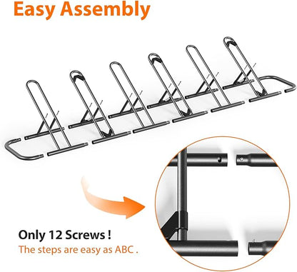 Mr IRONSTONE Floor Bike Rack for Garage, Indoor Outdoor Bicycle Storage Stand, Bike Parking Rack for Mountain, Road & Kids Cycles (Black, 6-Slot)