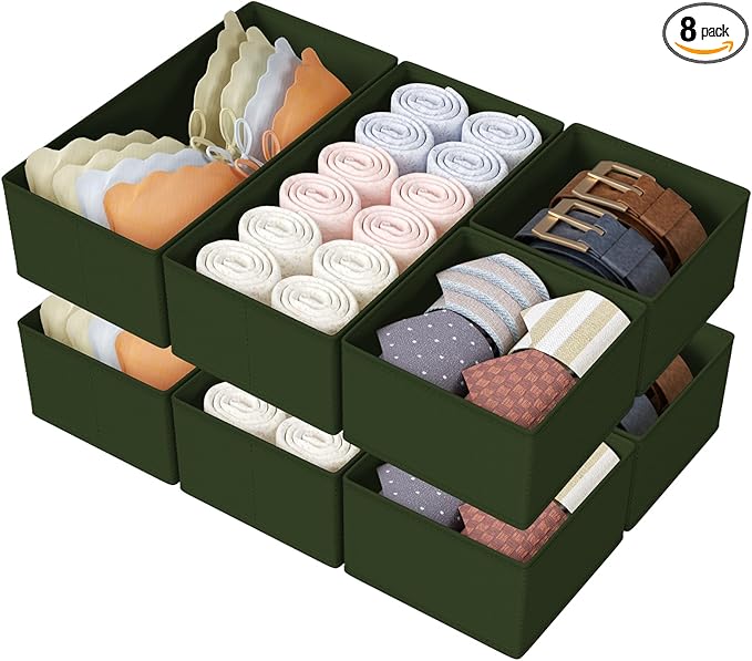 DIMJ Drawer Organizers Clothes, Set of 8 Dresser Organizer Bins, Fabric Closet Organizers and Storage, Shallow Drawer Dividers for Nursery, Clothing, Baby Clothes, Socks, Underwears, Tie (Green)