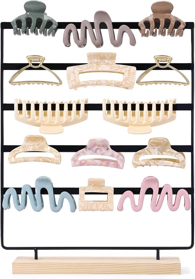 SNOWSTAR Hair Claw Clip Holder Organizer - 5 Tier Iron Rod Hair Clip Holder Storage for Women Girls, Wood Base Desktop Organizer