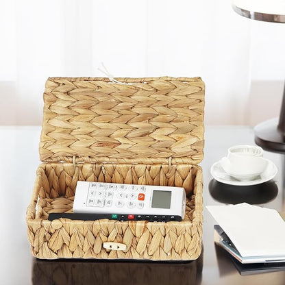 Small Basket with Lid, Wicker Storage Basket for Organizing, Rectangular Woven Basket for Storage, Water Hyacinth Decorative Boxes Bins with Lids (9" x 5.1" x 3")