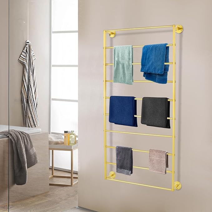 Wall Mounted Display Rack, 10-Tier Wall Mounted Scarf Rack, Gold Towels Storage Rack, Wrapping Paper Ribbon Organizer, Metal Wall Display Rack for Bedroom, Retail Store, Flower Shop