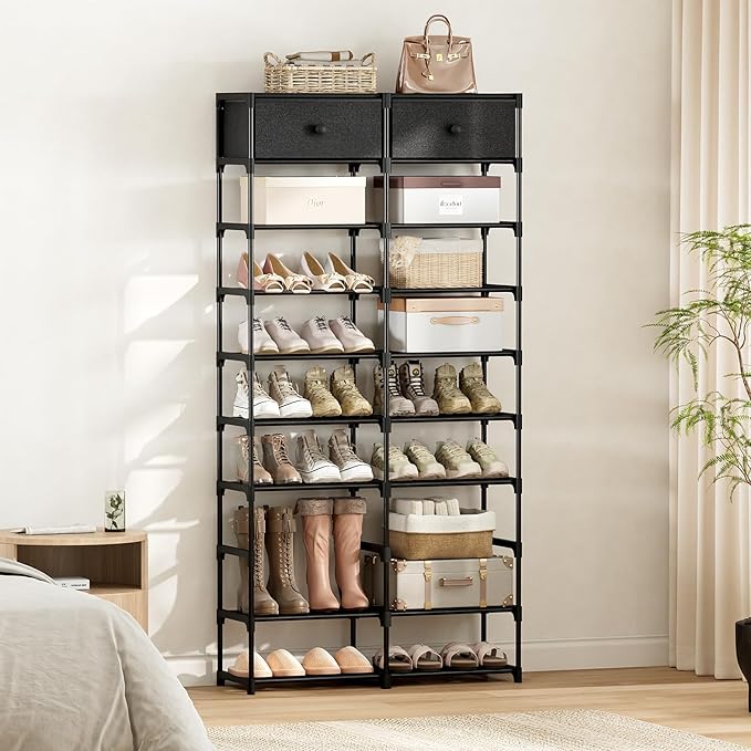 Tall Shoe Rack, 10 Tier Shoe Rack Organizer with 2 Large Drawers, Shoe Storage for 36-40 Pairs, Sturdy Metal Shoe Shelf Shoe Stand for Closet Entryway, Black Grey