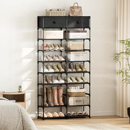 Tall Shoe Rack, 10 Tier Shoe Rack Organizer with 2 Large Drawers, Shoe Storage for 36-40 Pairs, Sturdy Metal Shoe Shelf Shoe Stand for Closet Entryway, Black Grey