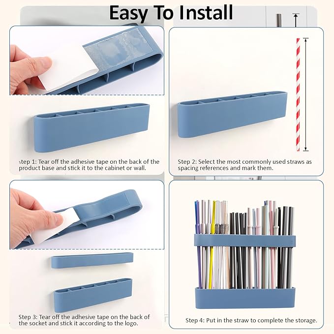 Strong Adhesive Backing Straw Storage Box, Split Type Silicone Straws Dispenser Adjustable Height Straw Holder for Cabinet (Blue)