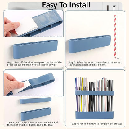 Strong Adhesive Backing Straw Storage Box, Split Type Silicone Straws Dispenser Adjustable Height Straw Holder for Cabinet (Blue)