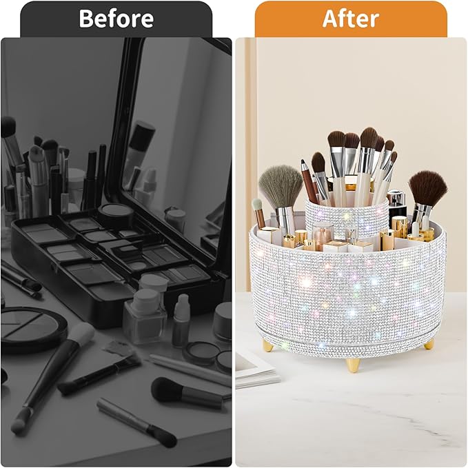 fanado Bling Diamond Makeup Brush Holder, 360° Rotating Makeup Organizer, 5 Slot Make up Brushes Cup for Countertop, Storage for Cosmetics Pen Eyeliner Skincare on the Vanity (Diamond white)