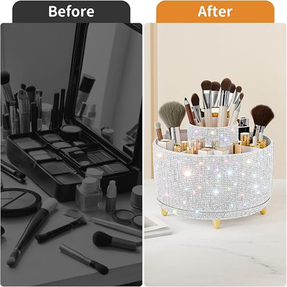 fanado Bling Diamond Makeup Brush Holder, 360° Rotating Makeup Organizer, 5 Slot Make up Brushes Cup for Countertop, Storage for Cosmetics Pen Eyeliner Skincare on the Vanity (Diamond white)