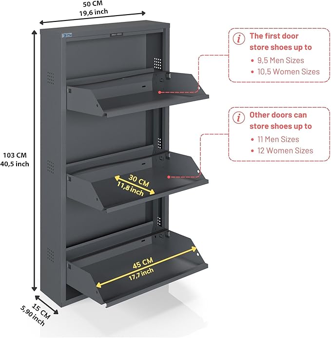 CEHA 3 Tier Metal Shoe Cabinet with Cover, Durable Shoe Storage Organizer for Entryway, Space Saving Shoe Shelf Closet with Side Ventilation Holes, 5.91" x 40.6" x 19.68", Anthracite