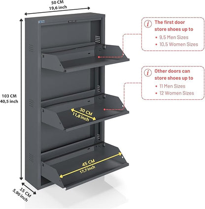 CEHA 3 Tier Metal Shoe Cabinet with Cover, Durable Shoe Storage Organizer for Entryway, Space Saving Shoe Shelf Closet with Side Ventilation Holes, 5.91" x 40.6" x 19.68", Anthracite