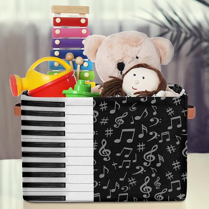 AUUXVA Storage Basket Piano Keyboard Music Note Storage Cube Box Durable Canvas Collapsible Toy Basket Organizer Bin with Handles for Shelf Closet Bedroom Home Office