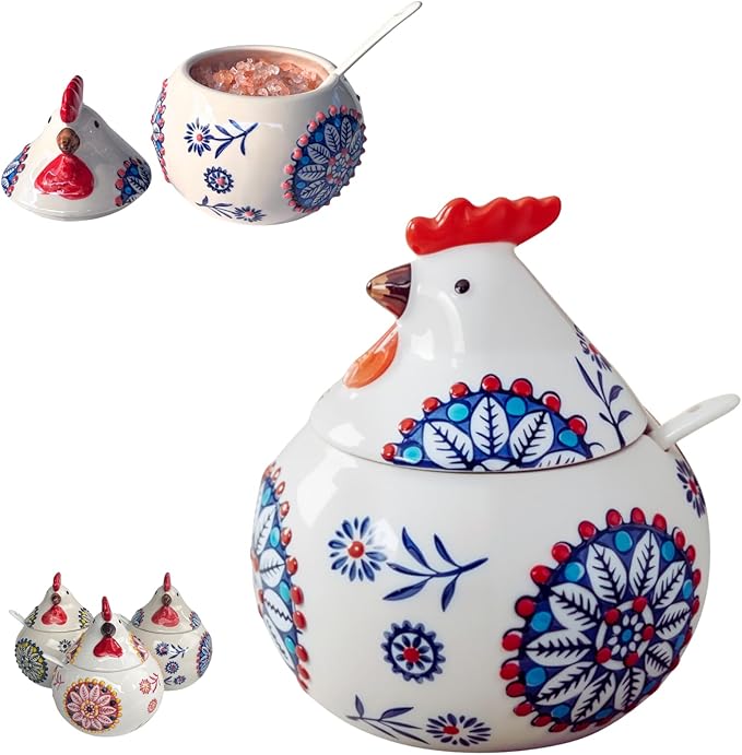 13.5 Oz Salt Cellar With Lid and Spoon (Blue)- Ceramic Chicken Spice Jars for Salt, Sugar, Pepper - Spice Containers for Countertop