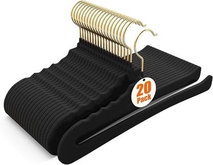Flottian 20 Pack Velvet Pants Hangers - Open Ended Non-Slip Heavy Duty Closet Organizers with 360° Swivel Hook, Space-Saving Felt Hangers for Pants, Jeans, Dresses & Towels, Black