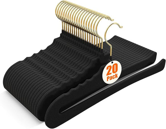 Flottian 20 Pack Velvet Pants Hangers - Open Ended Non-Slip Heavy Duty Closet Organizers with 360° Swivel Hook, Space-Saving Felt Hangers for Pants, Jeans, Dresses & Towels, Black