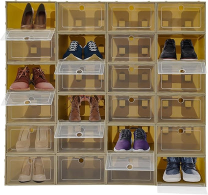24 Pack Stackable Shoe Boxes with Clear Lids - Foldable Shoe Storage Organizer for Closet Cabinet, Color Options for Sneakers Flats Home Organization (Avocado Green)