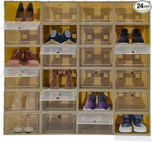 24 Pack Shoe Storage Boxes, Clear Stackable Shoe Organizer for Closet with Flip Lid, Foldable Plastic Shoe Boxes Sneaker Containers for Entryway, Closet, Under Bed (Avocado Green)