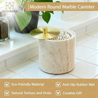 Nartural Marble Qtip Holder with Brass Lid, Beige Travertine Cotton Swab Jar, Modern Round Canister, Small Apothecary Storage Jars for Bathroom, Bedroom, Vanity, Kitchen Cabinet
