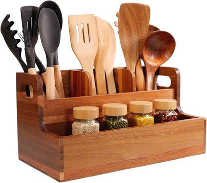 Kitchen Utensil Holder for Countertop with 4 Compartments Acacia Large Utensil Holder Wooden Storage for Cooking,Baking,Flatware Tool Kitchen Utensil Organizer. ﻿.