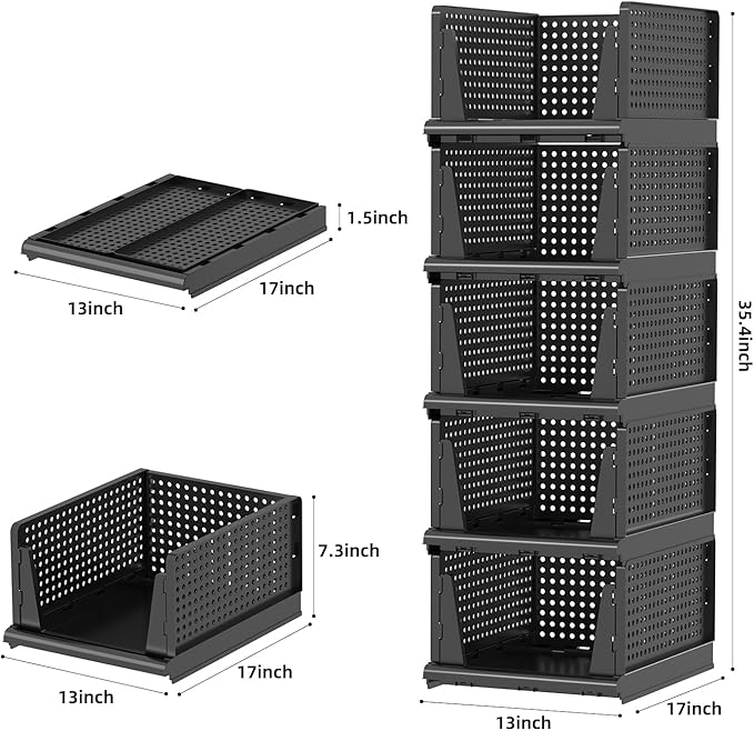 Folding Closet Organizer and Storage for Shelves, 5 Pack Stackable Plastic Storage Basket for Closet, Top Bottom of Closet Organizer, Drawers Organizer for RV, Camper, Pants, Clothes, Office