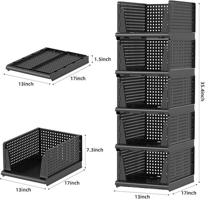 Folding Closet Organizer and Storage for Shelves, 5 Pack Stackable Plastic Storage Basket for Closet, Top Bottom of Closet Organizer, Drawers Organizer for RV, Camper, Pants, Clothes, Office