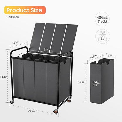 Laundry Sorter 4 Sections 48 Gal, Rolling Laundry Basket with Lockable Wheels and Lid, Laundry Hamper with 4 Separated Removable Bags Dirty Clothes Hamper for Laundry Room Organizer, Grey