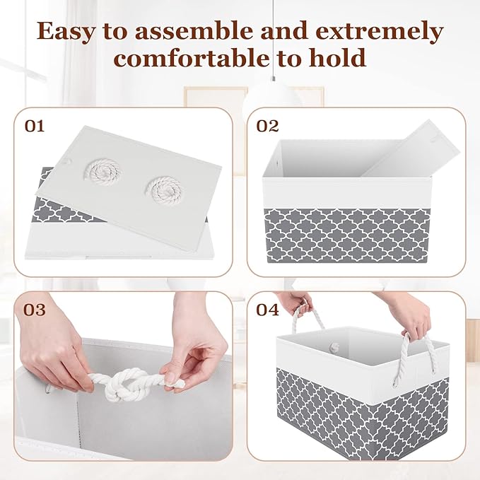 Fab totes Storage Bins 2-Pack, Foldable Storage Baskets for Organizing Toys, Books, Shelves, Closet, Large Storage Box with Rope Handles, Sturdy Organizer Bins,Clover Grey