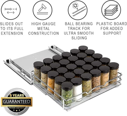 Pull-Out Cabinet Spice Rack Organizer - Slim Slide-Out Storage for Spices, Bottles & Jars, Premium Heavy-Duty Steel, Easy Install for Narrow Kitchen Cabinets - 12 ⅜ W x 10 ⅜ D x 2 ¾ H, Chrome