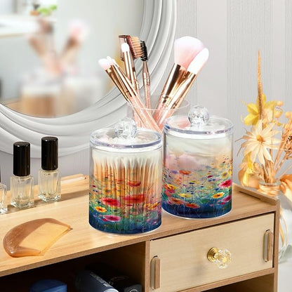 Colorful Flowers Painting Qtip Holder Dispenser with Lids, 2PCS Plastic Food Storage Canisters, Apothecary Jar Containers for Vanity Organizer Storage #557