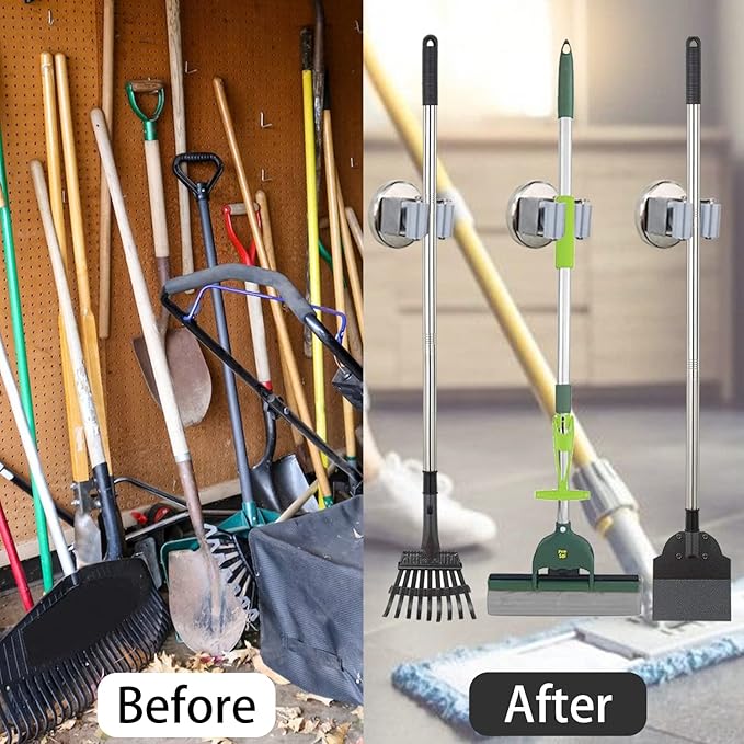 MUTUACTOR Magnetic Broom Holders,4pcs Sturdy Heavy Duty Magnetic Clips Wall Mount,10lbs No Drilling Anti-broken Magnetic Hooks Broom Mop Brackets for Work Cargo Garage Laundry Van Accessories