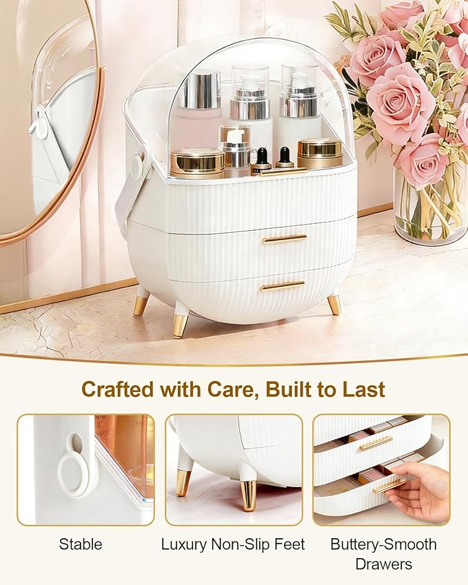 Makeup Organizer with Drawers & Lid - Portable Large Cosmetic Storage Case for Vanity Countertop, Travel, Gift for Women, Girls, 11"×7"×15", White