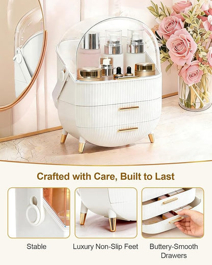 Makeup Organizer with Drawers & Lid - Portable Large Cosmetic Storage Case for Vanity Countertop, Travel, Gift for Women, Girls, 11"×7"×15", White