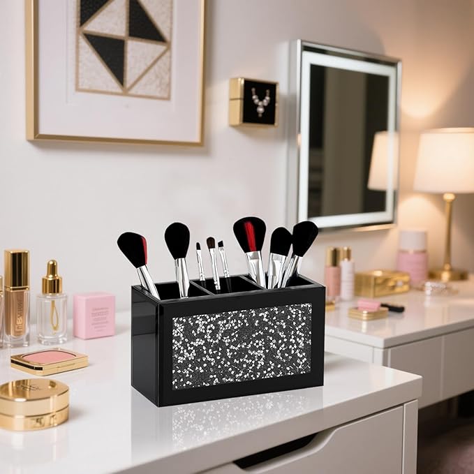 SHYFOY Black Makeup Brush Holder Organizer, 3 Slots Glass Cosmetic Brushes Storage with Crushed Diamond, Pencil Pen Holder for Desk, Desk Organizer and Accessories for Vanity