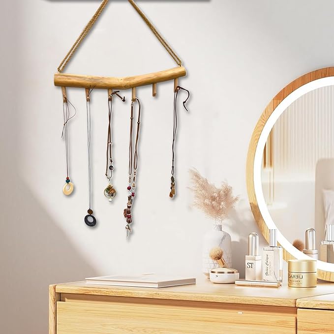 15.7-Inch Rustic Wood Wall Hanging Jewelry Organizer - Handmade Natural Wood Logs Branch Decor with 6 Hooks for Necklace, Earring, Bracelet Storage - Farmhouse, Cabin, Bathroom Home Décor