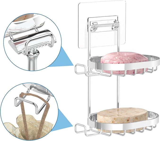 MASADI 2 Tier Soap Dish Holder, Soap Bar Holder with Hooks, Shampoo Bar Caddy for Shower Wall, Razor Holder for Shower, Bar Soap Container 304 Stainless Steel, Bathroom(Silver)