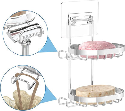 MASADI 2 Tier Soap Dish Holder, Soap Bar Holder with Hooks, Shampoo Bar Caddy for Shower Wall, Razor Holder for Shower, Bar Soap Container 304 Stainless Steel, Bathroom(Silver)