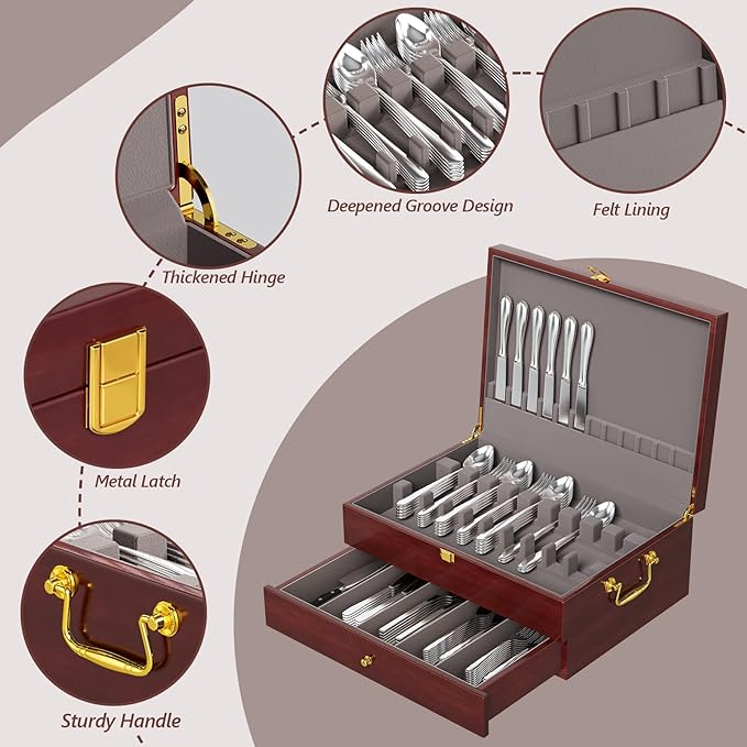 Mahogany Wood Silverware Storage Box,2-Layer Silverware Chest Case with Lid Drawer Handle Silverware Case with Felt Lined,Flatware Storage Box Holds 12-16 Sets of Utensils,Wedding Housewarming Gifts