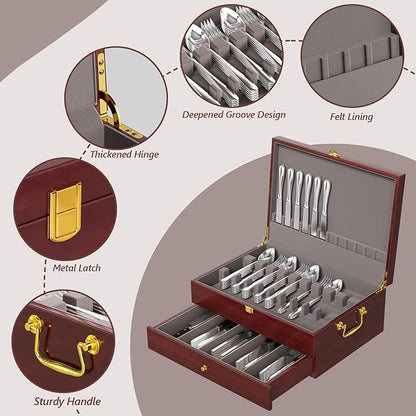 Mahogany Wood Silverware Storage Box,2-Layer Silverware Chest Case with Lid Drawer Handle Silverware Case with Felt Lined,Flatware Storage Box Holds 12-16 Sets of Utensils,Wedding Housewarming Gifts