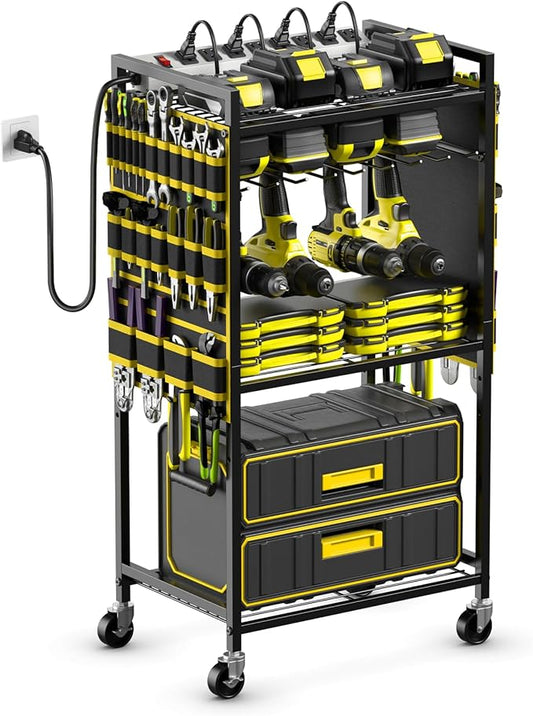 JUNNUJ Large Power Tool Organizer Cart with Charging Station, Garage Floor Standing Rolling Drill and Tools Battery Storage Cart on Wheels, Heavy Duty Rack with 8 Outlet 10 FT Power Strip, Yellow