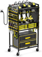JUNNUJ Large Power Tool Organizer Cart with Charging Station, Garage Floor Standing Rolling Drill and Tools Battery Storage Cart on Wheels, Heavy Duty Rack with 8 Outlet 10 FT Power Strip, Yellow