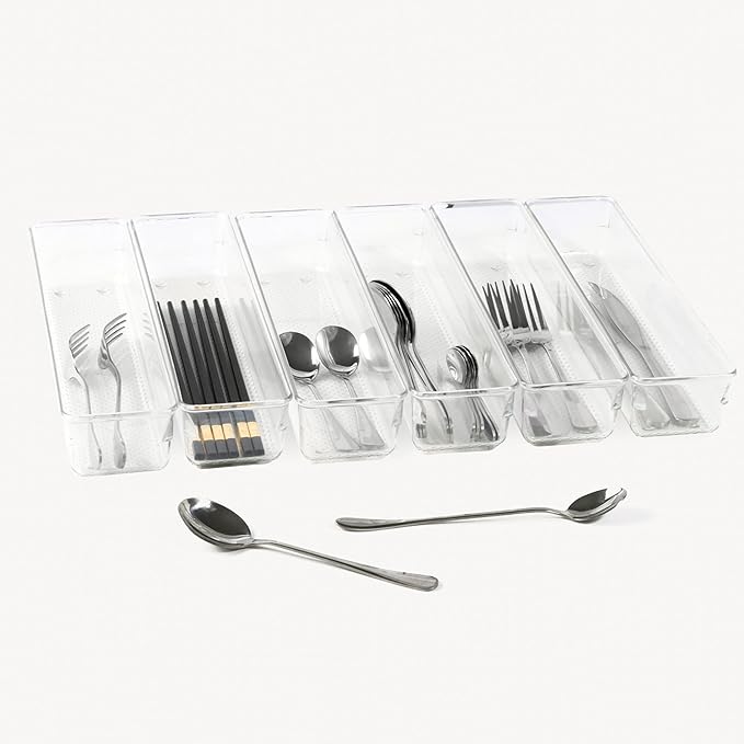 6 Set Clear Plastic Junk Drawer Organizer Vanity Curlery Utensil Makeups Organizer for Kitchen 12'' X 3''