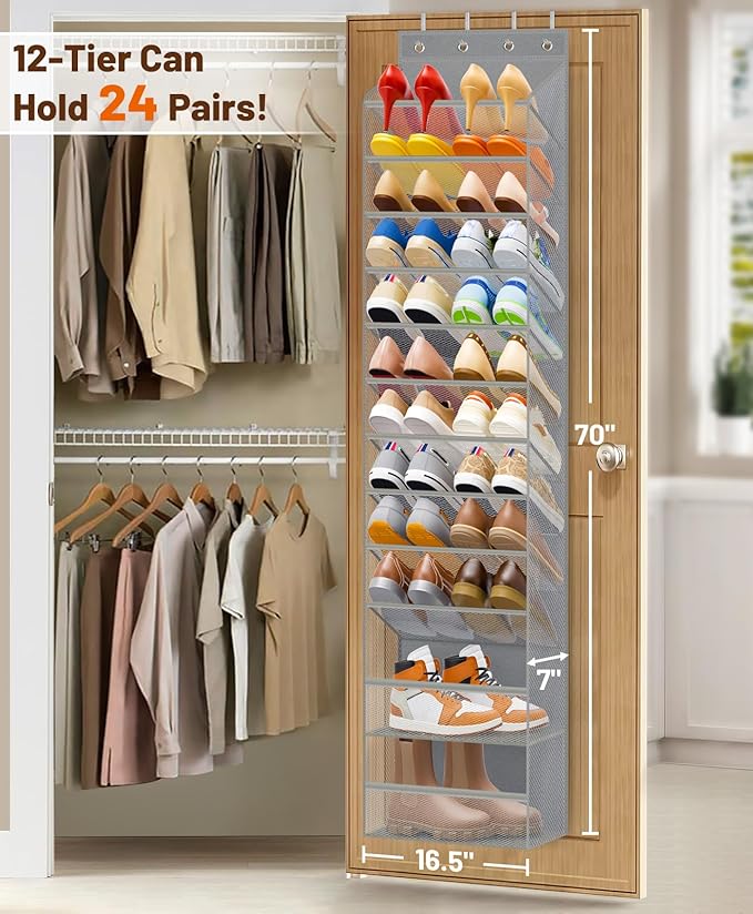 MISSLO 12 Tier Over the Door Shoe Organizer Breathable Mesh Hanging Shoe Rack for Closet Storage Shoe Holder for Door Fit 24 Pairs Sandals, Heels, Boots (Grey)