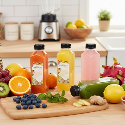TOMNK 150pcs Juice Bottles, 16oz Reusable Plastic Juice Bottles with Caps and Labels, Funnel, Brush Beverage Containers for Juicing, Smoothies, Tea, Milk